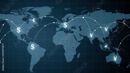 Global Financial Network Connecting Continents with Currency Symbols and Trade Routes
