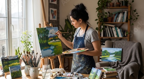 Focused young female artist painting a vibrant landscape scene on canvas using oil colors in a bright home studio filled with creative supplies