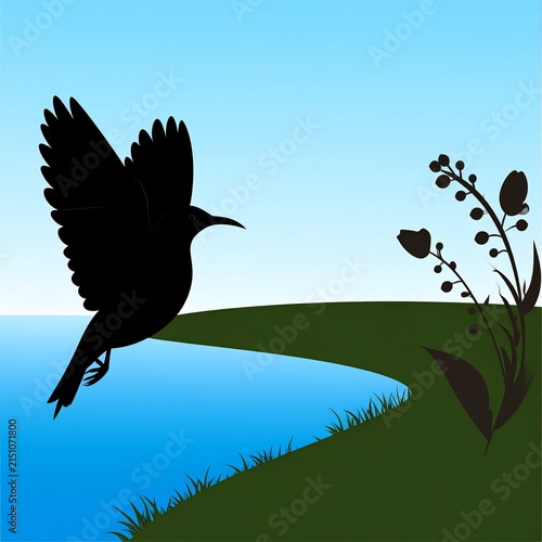 Silhouette of a bird flying over a serene river landscape.