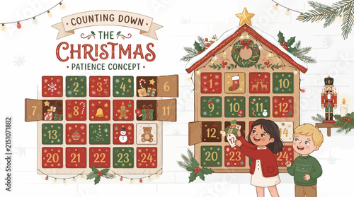Children opening doors of advent calendar to count down days until Christmas in festive decorated room vector art