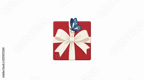 Elegant red christmas gift box with white ribbon and a beautiful blue butterfly on top