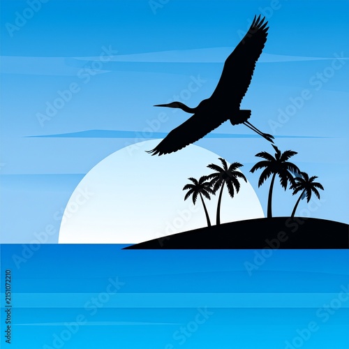 Silhouette of heron flying over tropical island at sunset.