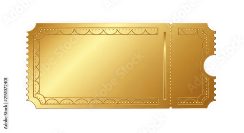 Golden vintage movie ticket with ornate border design. Retro cinema pass for classic film screenings and awards.