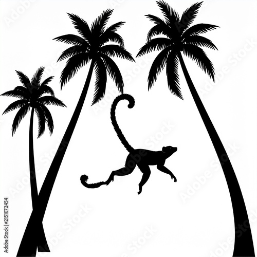 Silhouette of Monkey Swinging Between Palm Trees.