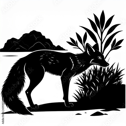 Black and white illustration of a fox in nature scene.