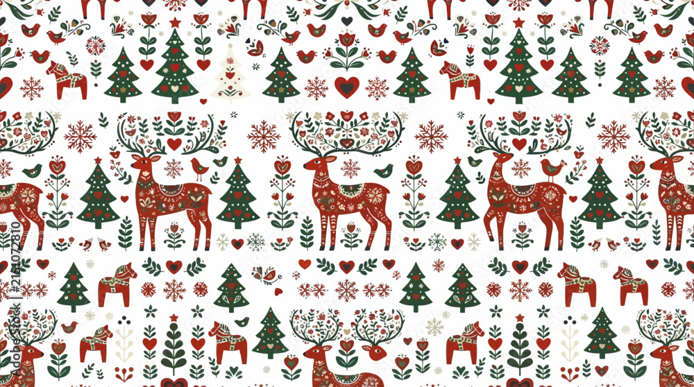 Obraz premium Scandinavian folk art inspired Christmas seamless pattern with deer and trees vector background