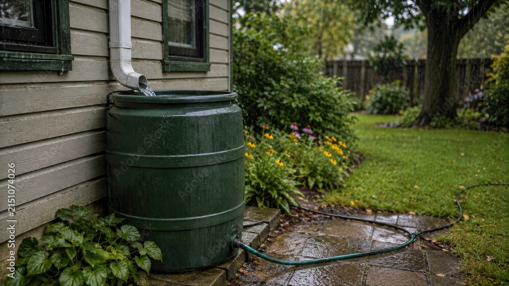 Obraz premium Green Barrel Collecting Rainwater from a Downspout in a Lush Garden