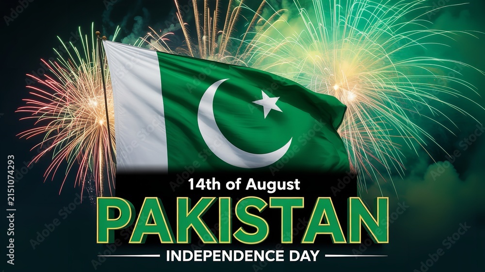 Obraz premium Pakistan independence day celebration with waving national flag and colorful fireworks in sky marking 14 August commemoration