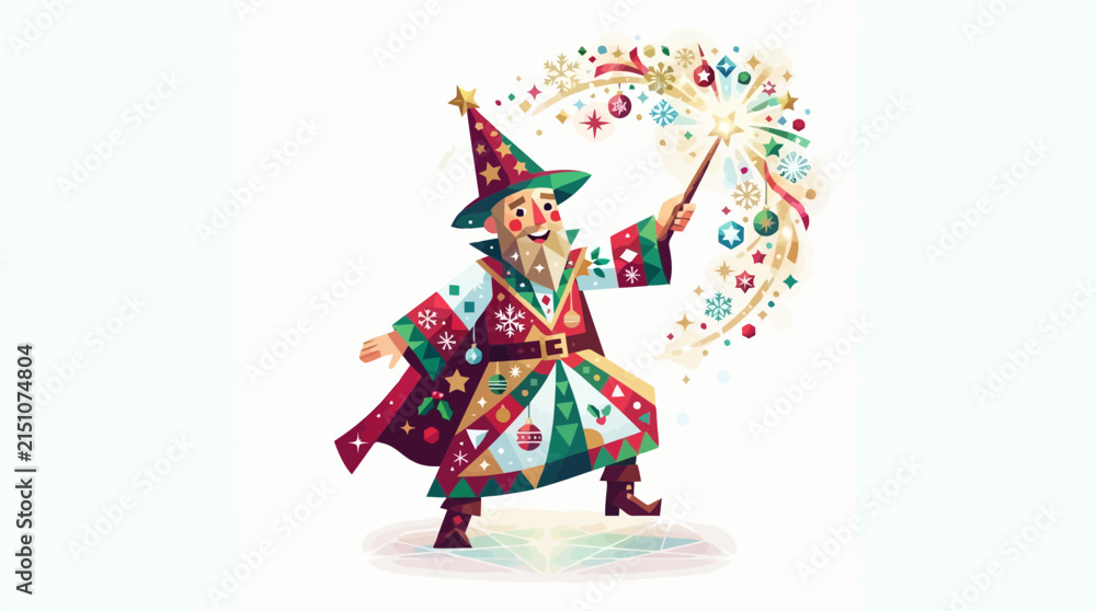 Naklejka premium Magical wizard character casting festive holiday spells with a sparkling wand surrounded by floating winter ornaments