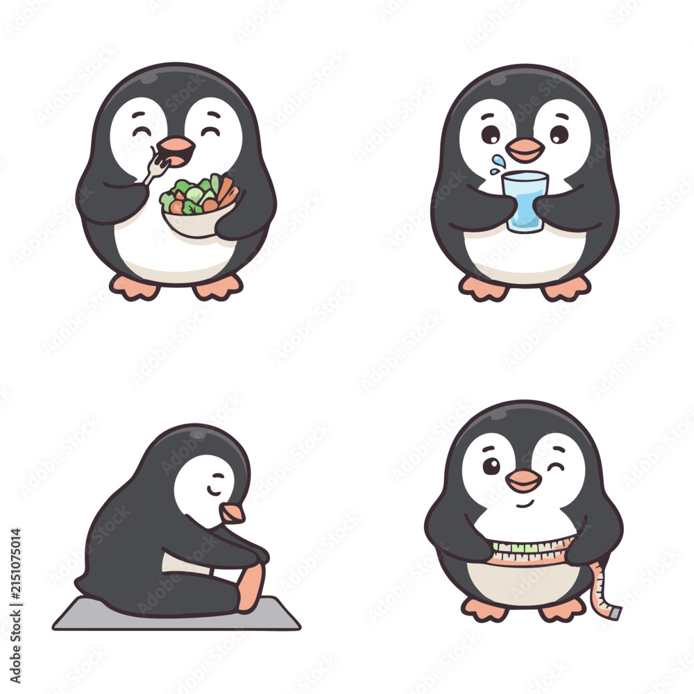 Fototapeta premium Cute Penguin Character Icon Set – Reading, Cooking, Gift Basket Kawaii Cartoon Vector Illustration