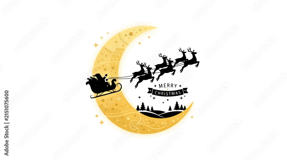 Obraz premium Santa claus flying in his reindeer sleigh across a large glowing yellow crescent moon in a night winter sky