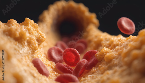 Red blood cells flowing through a human artery with cholesterol plaque buildup macro view