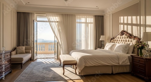 A Sophisticated and Spacious Luxury Bedroom Featuring a Sunny Private Balcony View and Elegant Interior Design with Soft Sunlight in a Resort Setting