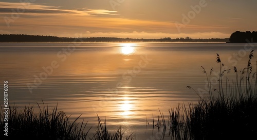 Breathtaking golden hour landscape featuring a serene lake with vibrant sunlight reflecting on the calm water surface during a peaceful morning