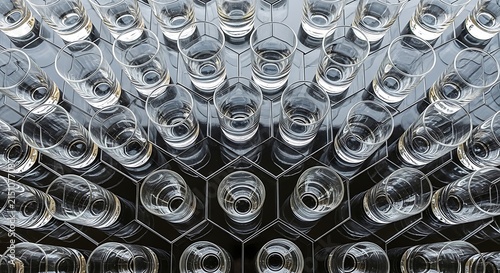 Top view of a vast collection of clear glass cylindrical vessels arranged in a precise honeycomb geometric pattern creating a repetitive visual grid