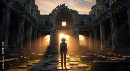 Lone Traveler Standing Amidst the Majestic Ancient Stone Ruins Illuminated by Golden Sunlight Creating a Serene and Mystical Atmosphere at Dawn