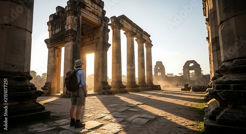 Backpacker exploring sunlit ancient temple ruins at sunset with towering stone columns and historic architecture in a remote archaeological site