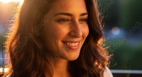 Radiant young woman with long wavy brunette hair enjoying a peaceful golden hour sunset while smiling gently with genuine warmth and happiness
