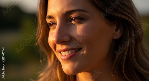 Radiant young woman with a gentle and warm smile enjoying the soft golden hour sunlight during a peaceful tranquil outdoor summer evening escape