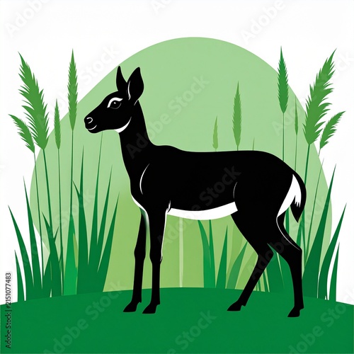 Black Deer Silhouette in Green Forest Scene.