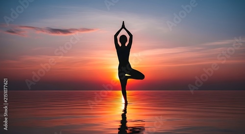 Silhouette of a person practicing yoga tree pose on tranquil water surface during a serene golden sunset for wellness and mindfulness meditation