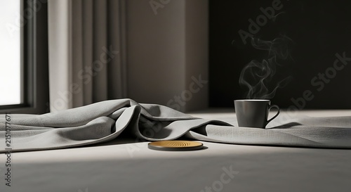 Minimalist morning atmosphere with a steaming ceramic coffee cup resting on soft textured grey fabric beside an empty small wooden coaster in natural light