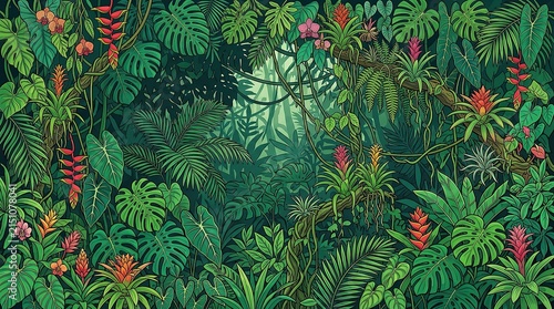 Lush tropical jungle canopy background with exotic flowers and dense green foliage leaves