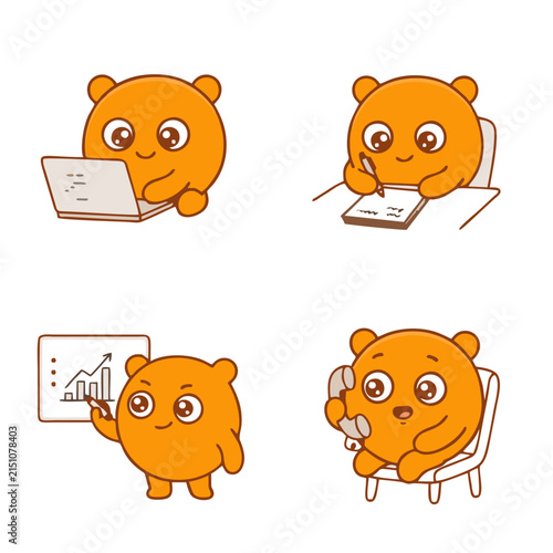 Cute Orange Bear Character Icon Set – Studying, Reading, Backpack School Kawaii Cartoon Vector Illustration