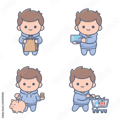 Cute Boy Character in Blue Pajamas Daily Activities Icon Set – Coffee, Reading, Sleeping, Brushing Teeth Cartoon Vector Illustration