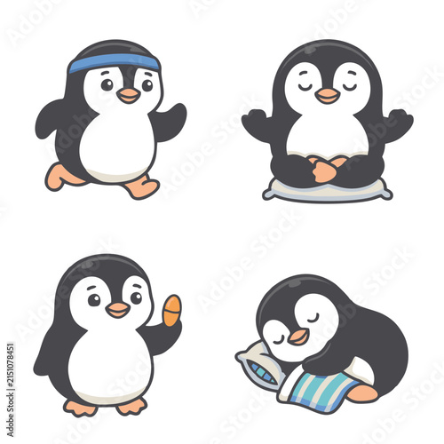 Cute Penguin Character Icon Set – Reading, Cooking, Gift Basket Kawaii Cartoon Vector Illustration