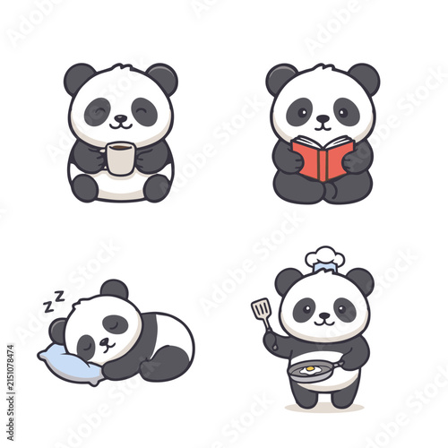 Cute Penguin Character Icon Set – Reading, Cooking, Gift Basket Kawaii Cartoon Vector Illustration