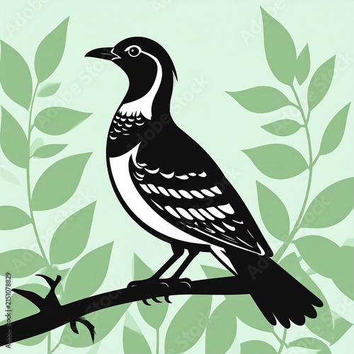 Black and white bird perched on a branch with green leaves.