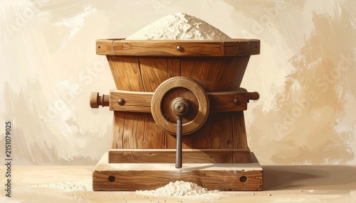 Vintage Wooden Grain Mill with Freshly Ground Flour.
