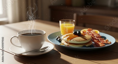 A warm morning breakfast featuring a steaming hot cup of black coffee served alongside a plate of fluffy pancakes with crispy bacon and orange juice
