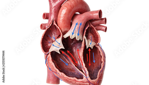 Anatomical human heart model with blood flow direction arrows for medical education.