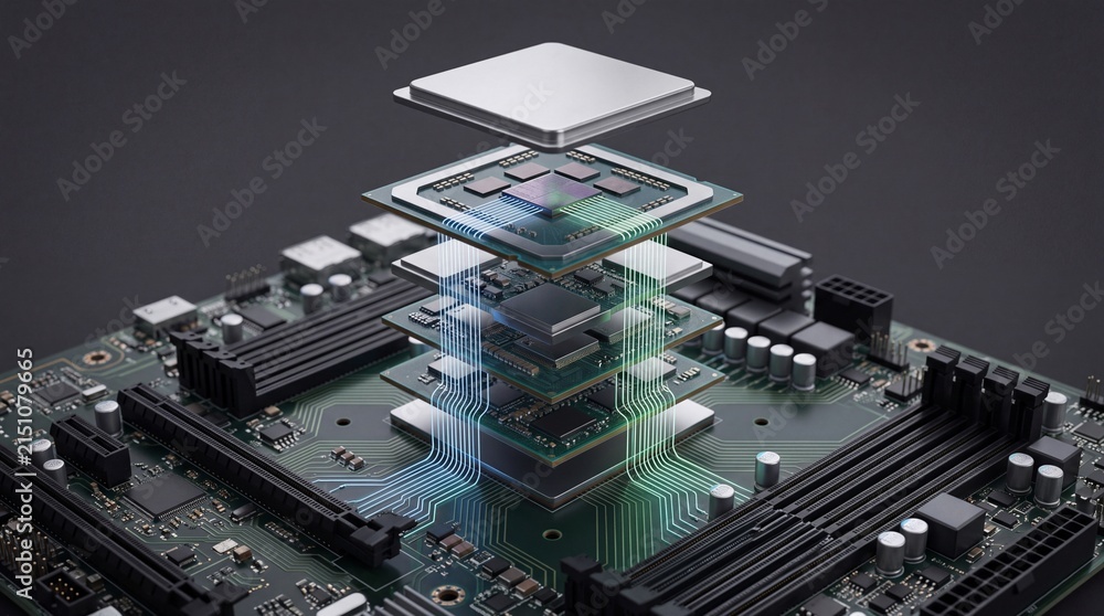 Fototapeta premium An abstract representation of a computer processor and circuit board showcasing advanced technology.