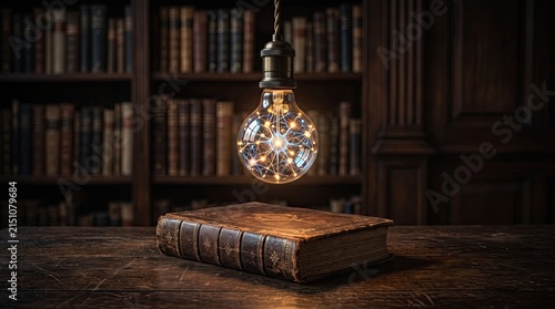 An elegant, glowing light bulb above a vintage book, set against a backdrop of dark wooden shelves filled with books.