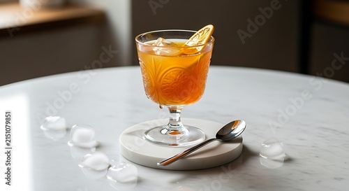 Refreshing amber colored alcoholic cocktail served in a vintage ornate glass with ice cubes and a citrus slice on a polished white marble tabletop