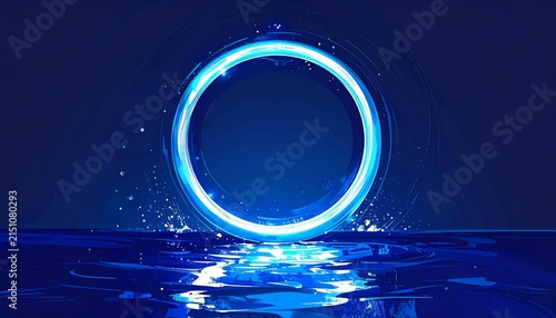 Glowing Blue Circular Light Reflection on Water.
