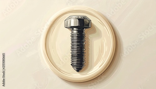 Close up of a single metal hex screw on white surface.