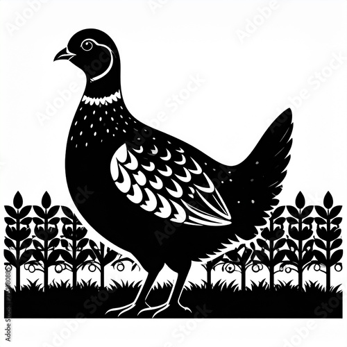 Black and white illustration of a pheasant in decorative garden.