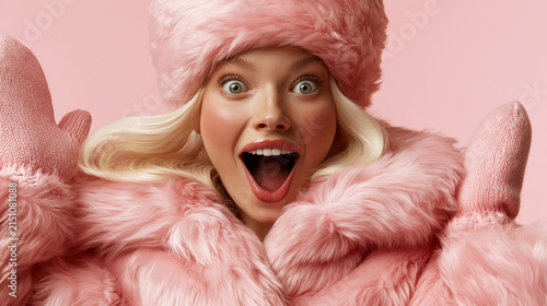 Excited Woman in Pink Winter Outfit with Mittens