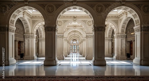 Elegant neoclassical architecture featuring a grand interior hallway with repetitive arched colonnades and polished marble floors in a vast space