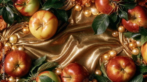 Fresh Apples with Golden Pearls on Shiny Fabric Background