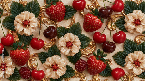 Strawberries and Cherries on Decorative Background