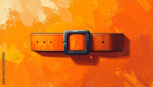 Close up of a black belt buckle on orange background.