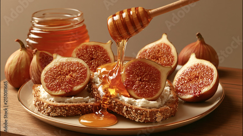 Fig and Honey Toast with Cream Cheese on Wooden Table