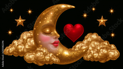 Golden Moon and Heart Illustration for Love and Romance
