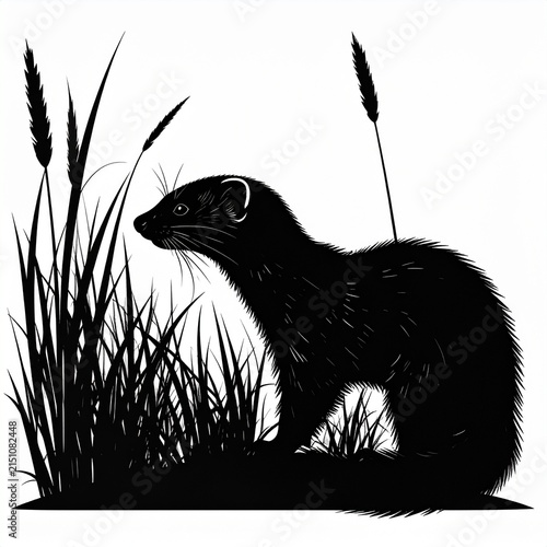 Black and white silhouette of a ferret in tall grass.