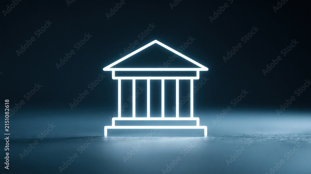 Fototapeta premium Glowing Neon Outline of a Classic Government Building or Bank on a Dark Reflective Surface
